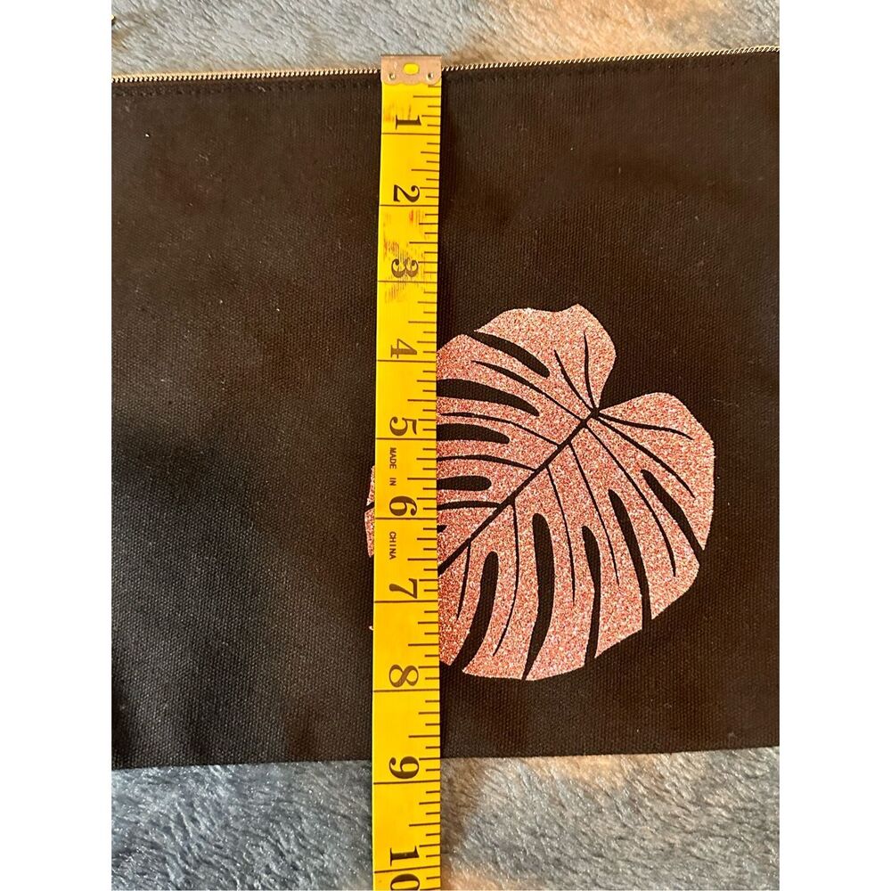 Black Canvas Clutch Pouch Rose Gold Glitter Monstera Leaf Zipper Cosmetic Bag - Picture 5 of 5